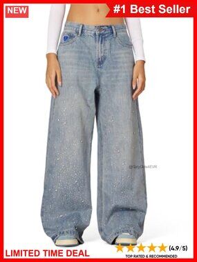 Rhinestone Baggy High Waist Wide Leg Oversized Denim Jeans